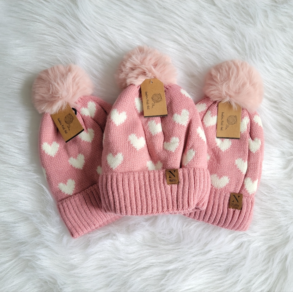 Women's Hearts and Pom Pom Knit Winter Hat